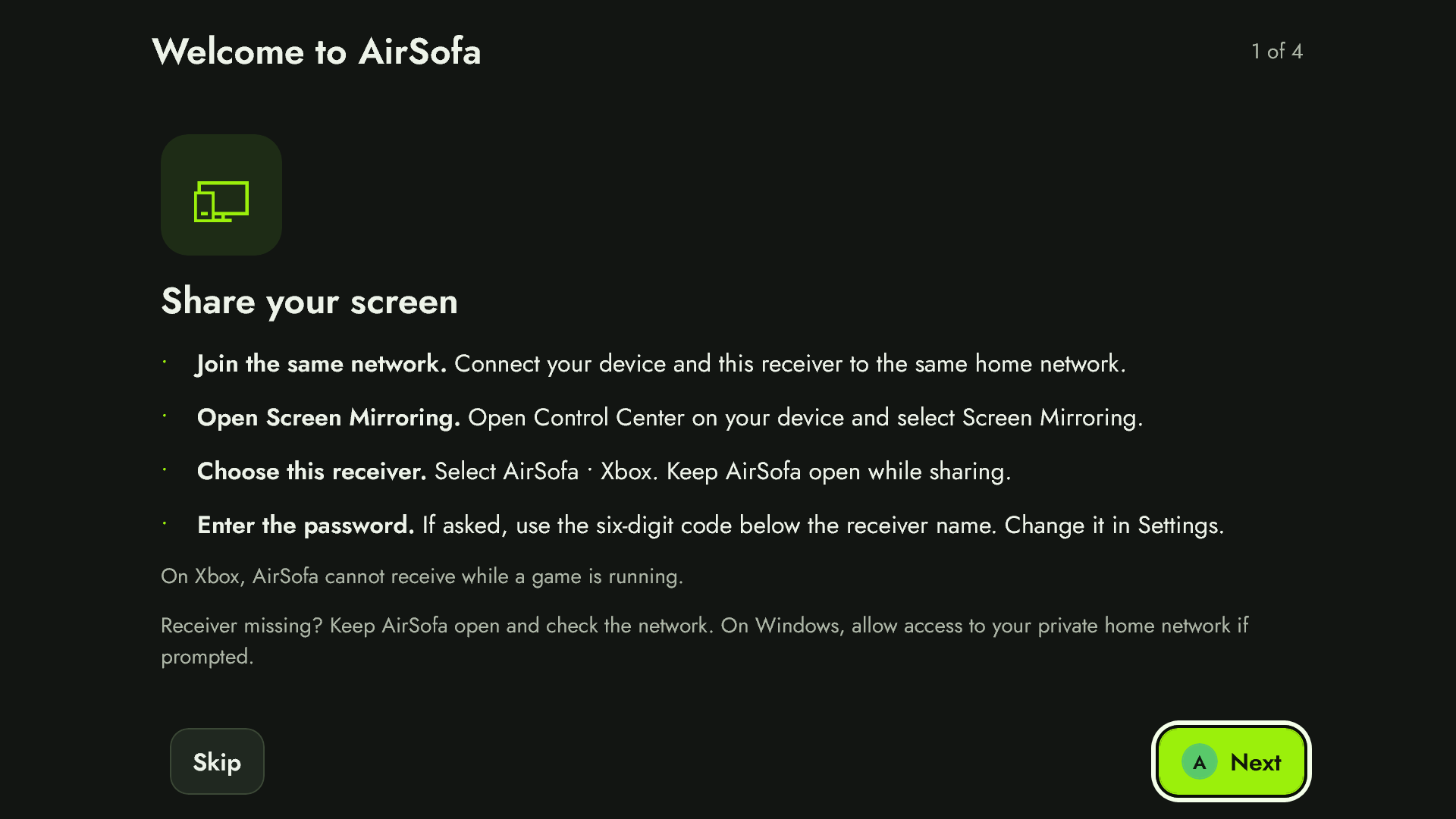 AirSofa’s built-in help explaining how to share a screen over the same home network.