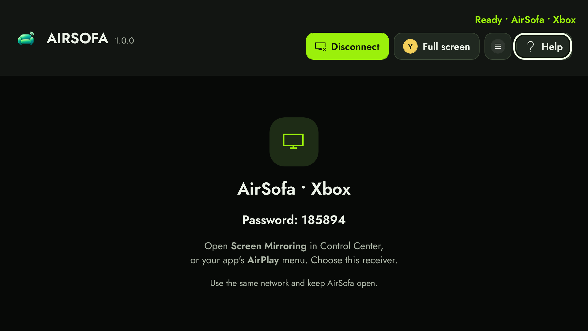 AirSofa’s Ready screen on Xbox, with receiver name, six-digit password and connection instructions.