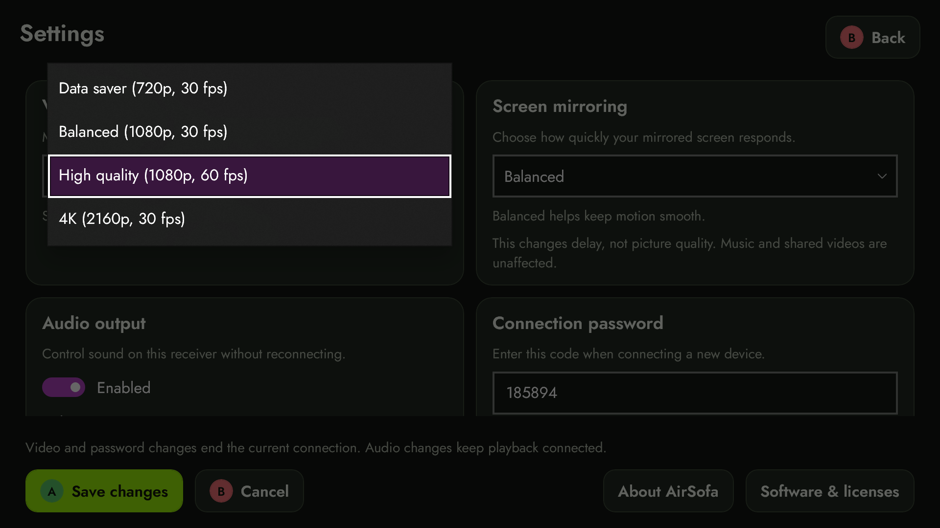 AirSofa settings with picture quality options, mirroring responsiveness and connection password.